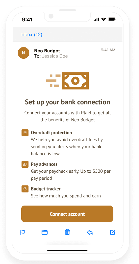 Email from Neo Budget prompting user to connect bank via Plaid for features like overdraft alerts, pay advances, and budget tracking.