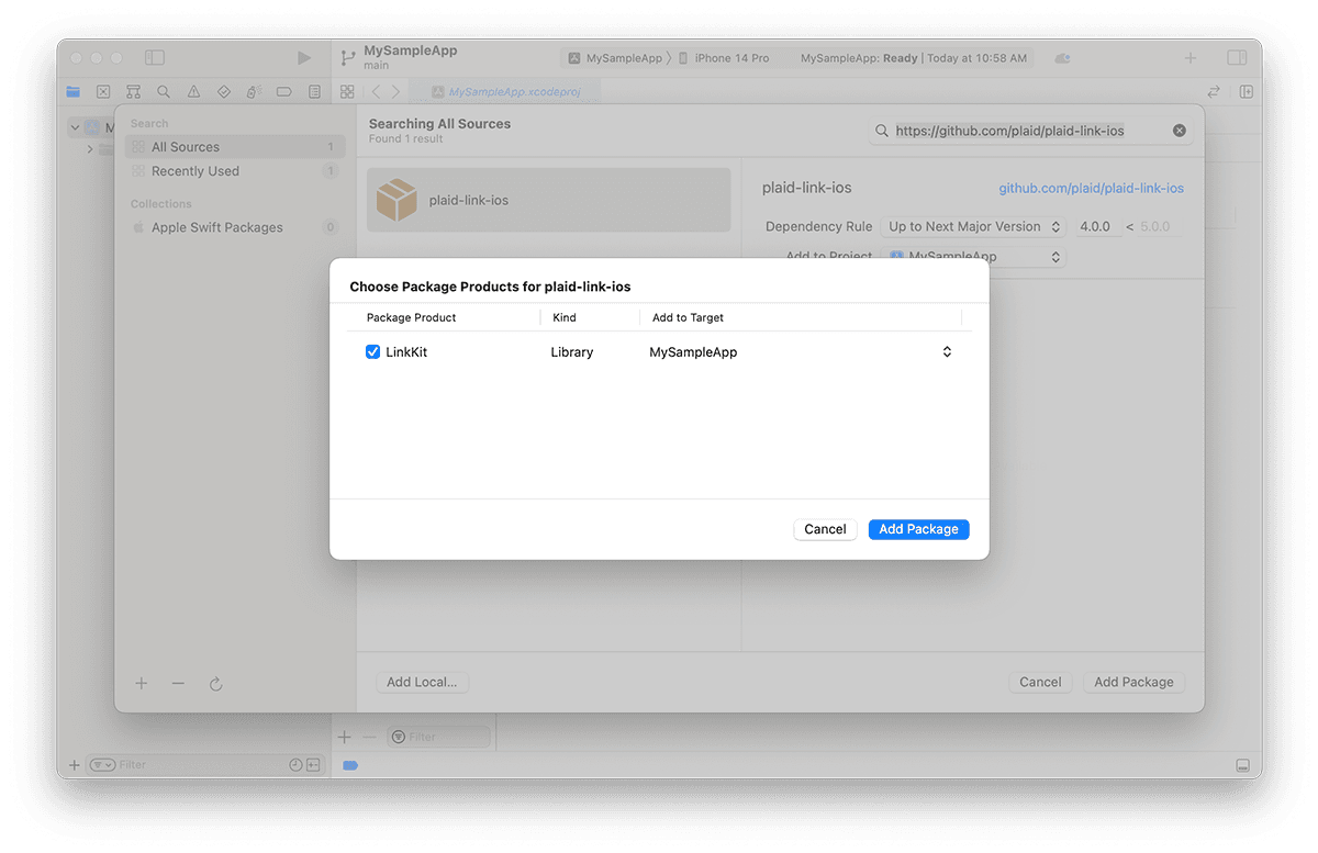Dialog in Xcode for selecting Plaid link-ios package. 'LinkKit' checked, type 'Library', target 'MySampleApp'.